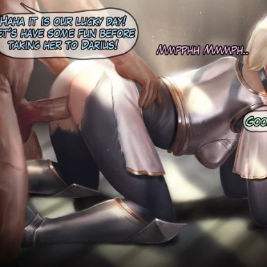 16:9 aspect ratio, 1girl, 2boys, all fours, armor, blonde, blonde hair, blue eyes, breasts, clothed female nude male, collar, covered breasts, dialogue, english text, fellatio