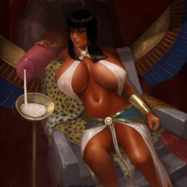 animal genitalia, big breasts, big penis, black hair, bovine, breasts, clothed, clothing, cum, cum collecting, egyptian, erection, female, hair, human