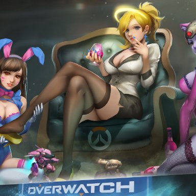 3girls, adapted costume, alcohol, animal ears, anson zheng, armchair, artist name, ass, back, bangs, bare shoulders, bastion, bastion (overwatch), between fingers, black legwear