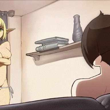 animated, bikini, blonde hair, breasts, chris armin, elf, evangelyne, female, flaccid, foreskin, full body, futanari, futanari reveal, green eyes, human