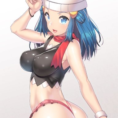 1girl, arm up, armpits, ass, back, bare shoulders, belly, big ass, big breasts, blue eyes, blue hair, blush, bottomless, bracelet, breasts