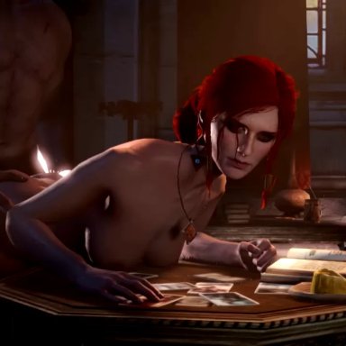 1boy, 1girl, 3d, animated, big breasts, breasts, female, male, red hair, sex, snowpiew, source filmmaker, tagme, the witcher 3: wild hunt, triss merigold
