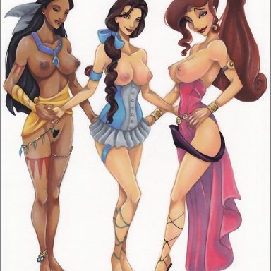 3girls, anklet, arm tattoo, armlet, barefoot, beauty and the beast, belle, black hair, bracelet, braid, breastless clothes, breasts, brown hair, corset, crossover