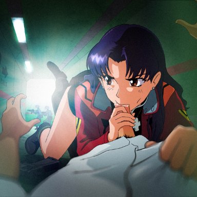 clothed sex, doodlepoodle, end of evangelion, fellatio, misato katsuragi, neon genesis evangelion, oral, oral sex, purple hair, shinji ikari