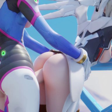 2girls, 3d, areolae, big ass, big penis, blizzard entertainment, blonde hair, bodysuit, breasts, bubble butt, curvy, d.va, dat ass, doggy style, duo