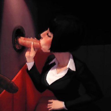 1girl, animated, black hair, blush, bob cut, business suit, closed eyes, clothed, clothes, edit, fellatio, female, fully clothed, gif, glory hole