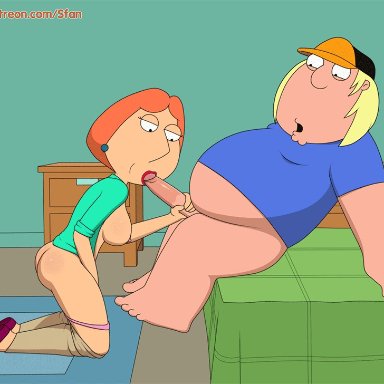 age difference, animated, ass, bed, bedroom, blonde hair, bouncing breasts, breasts, chris griffin, family guy, fellatio, half naked, huge cock, incest, lois griffin