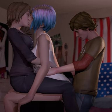 1boy, 2girls, 3d, animated, atlassfm, chloe price, female, from behind, kissing, life is strange, male, max caulfield, no sound, source filmmaker, threesome