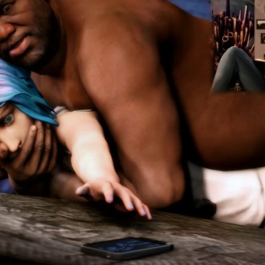 1boy, 1girl, 3d, animated, chloe price, coach (left 4 dead), covering another's mouth, crossover, dark-skinned male, fat, female, gagged, hand over another's mouth, hand over mouth, handgag