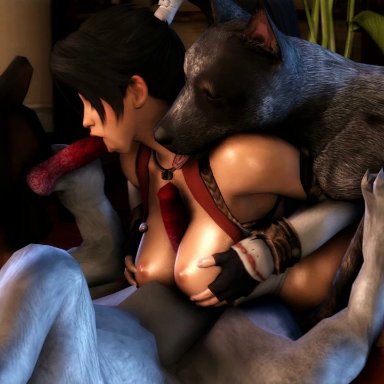 3d, animated, black hair, breasts, canine, canine penis, doggy style, fellatio, female, foursome, hair, human, knot, large breasts, lordaardvark