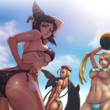 3girls, animal, armpits, arms up, ass, ball, beach ball, beret, bikini, black hair, blanka, blonde hair, blue eyes, braid, breasts