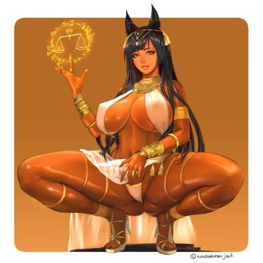 animal ears, anubis, artist request, black hair, breasts, cleavage, dark skin, egyptian, erect nipples, female, large breasts, long hair, panties, solo, squatting