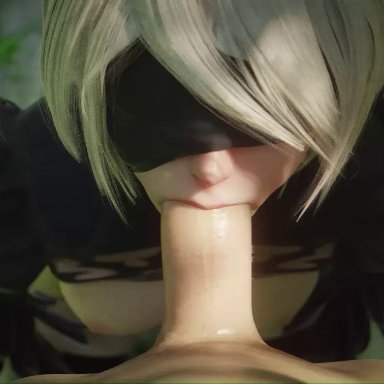 1girl, 3d, animated, blindfold, breasts, fellatio, female, large penis, male, nier, nier: automata, nipples, oral, pale skin, penis