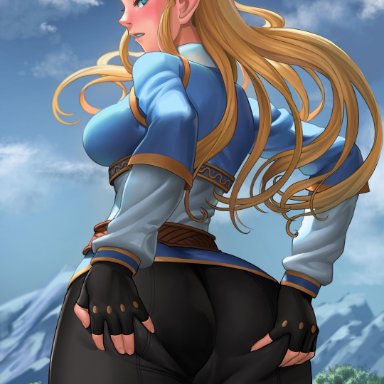 1girl, anus, ass, ass grab, blonde hair, blue background, blue eyes, blush, braid, breasts, breath of the wild, cameltoe, covered breasts, cowboy shot, crown braid