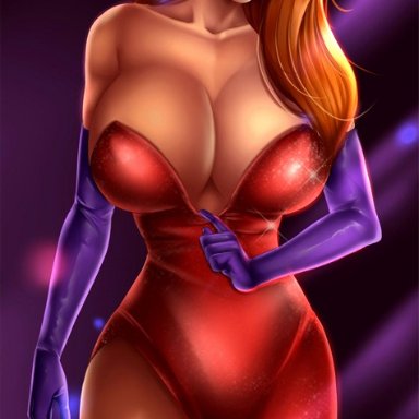 1girl, artist name, bare shoulders, big breasts, bimbo, breasts, busty, cleavage, covered breasts, disney, dress, elbow gloves, eyeshadow, female, female only