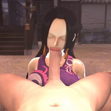 1boy, 1girl, 2017, 3d, absurdres, animated, bare shoulders, big breasts, big penis, black hair, blue eyes, boa hancock, breasts, clothed female nude male, deepthroat