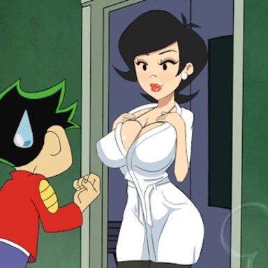 1boy, 1girl, age difference, american dragon: jake long, animated, areolae, asian, babydoll, bathrobe, belly, big breasts, black hair, black legwear, black stockings, black thighhighs