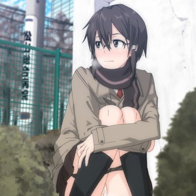 :|, asada shino, black hair, black legwear, black panties, blurry, blush, breath, brown eyes, building, bush, closed mouth, crossed arms, day, depth of field