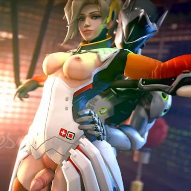 1boy, 1girl, 3d, animated, areolae, breasts, erection, female, genji, male, mercy, nipples, no sound, overwatch, penis