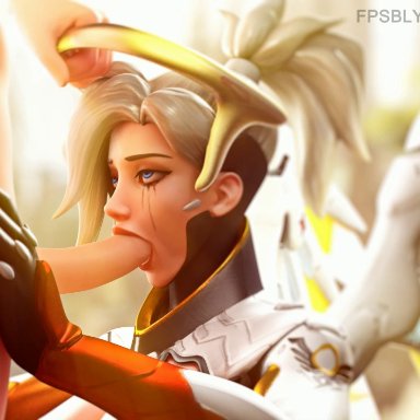 1boy, 1girl, 3d, animated, blonde hair, blue eyes, crying, erection, fellatio, female, fpsblyck, male, mercy, oral, overwatch