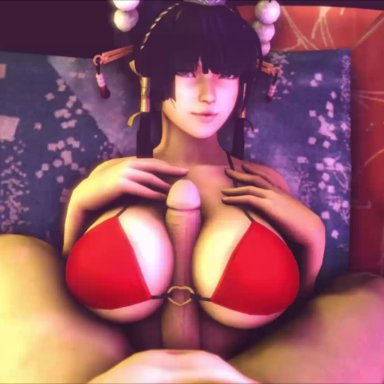 1boy, 1girl, 3d, animated, big breasts, big penis, breasts, cleavage, dead or alive, erection, female, jujala, large breasts, looking at viewer, male