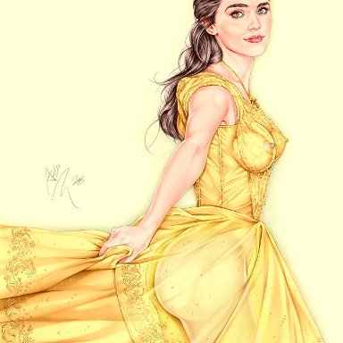 1girl, actress, armando huerta, artist name, ass, beast (disney), beauty and the beast, belle, breasts, brown eyes, brown hair, celebrity, colored, covered breasts, covered nipples