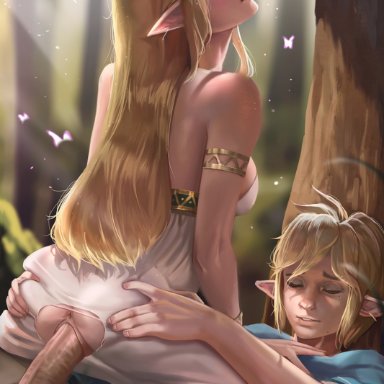 1boy, 1girl, anus, armlet, ass, ass grab, barefoot, blonde hair, blush, breasts, breath of the wild, closed eyes, clothed sex, cowgirl position, crotch cutout