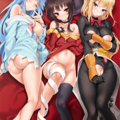 3girls, anal beads, aqua (konosuba), areola slip, areolae, arm warmers, ass, bandaged leg, barefoot, black gloves, black hair, black legwear, blonde hair, blue eyes, blush