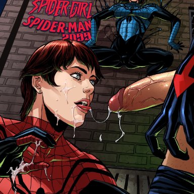 1boy, 2girls, alien, april parker, artist name, blue eyes, bodysuit, breasts, brown hair, character name, comic, cover, cum, cum in face, cum on body