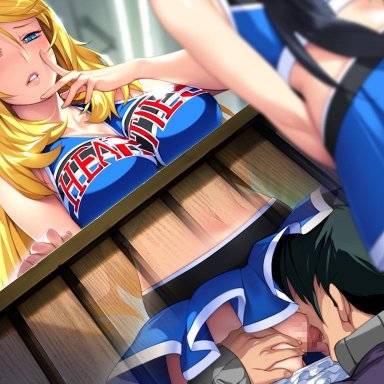 1boy, 2girls, asakura sakura, black hair, blonde hair, blue eyes, blush, breasts, censored, cheerleader, cunnilingus, dutch angle, frilled panties, frills, game cg