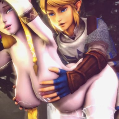 1boy, 1girl, 3d, animated, areolae, bent over, big breasts, breasts, female, from behind, hyrule warriors, jujala, lactation, large breasts, link