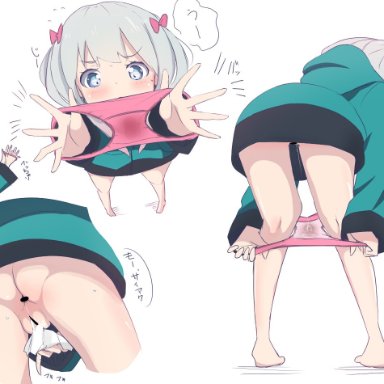 10s, anus, ass, bar censor, bare legs, barefoot, blue eyes, blush, bow, censored, eromanga sensei, feet, female, from above, hair ornament