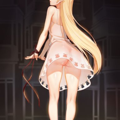 ass, bakemonogatari, bare shoulders, barefoot, blonde hair, brown ribbon, dress, female, from behind, highres, jpeg artifacts, kiss-shot acerola-orion heart-under-blade, kizumonogatari, long hair, looking at viewer