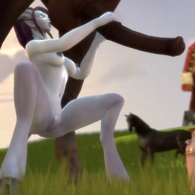 3d, animal genitalia, animated, areolae, balls, bestiality, breasts, comandorekin, draenei, equine, erection, female, handjob, hooves, horse