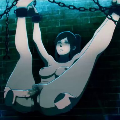 animated, areola, avatar the last airbender, blush, bondage, breasts, chains, color, dark skin, dark-skinned female, disembodied hands, disembodied penis, erection, female, interracial