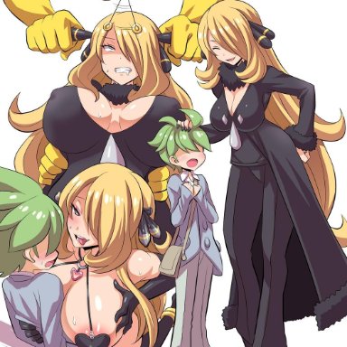 1boy, 1girl, ahe gao, ambiguous gender, breasts, cleavage, clenched teeth, clothed, condom, cynthia (pokemon), drooling, female, femsub, forced, furry