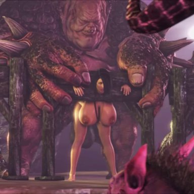 3d, 3girls, animated, bent over, black hair, bouncing balls, breasts, dangling testicles, demons, egyptian, farah, female, from behind, horns, huge breasts