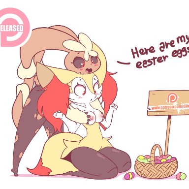 2girls, animal ears, animated, basket, bent over, braixen, breast grab, breasts, canine, diives, easter, egg, fox, from behind, furry