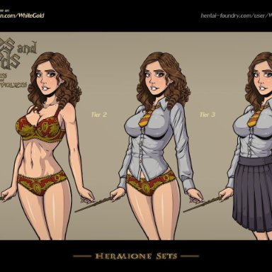 big breasts, bra, breasts, character sheet, cleavage, female, harry potter, hermione granger, panties, school girl, school uniform, smile, solo, wand, weapon