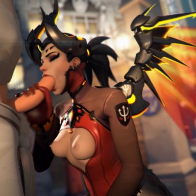 1girl, 3d, animated, areolae, black hair, blender, blizzard entertainment, bouncing breasts, breasts, cleavage, couple, curvy, devil mercy, duo, erect nipples