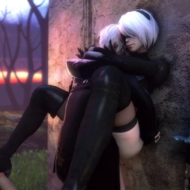 3d, against wall, animated, blindfold, female, male, nier, nier: automata, noname55, sex, sound, source filmmaker, stand and carry position, straight, thigh highs