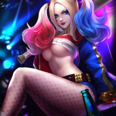 1boy, 1girl, alcohol, artist name, ass, baseball bat, batman (series), belly, belt, black legwear, black pantyhose, blonde, blonde hair, blue eyes, blue hair