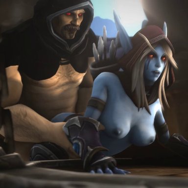 1boy, 1girl, 3d, animated, bombowykurczak, bouncing breasts, breasts, doggy style, large breasts, nathanos blightcaller, nipples, no sound, red eyes, sex, sylvanas windrunner