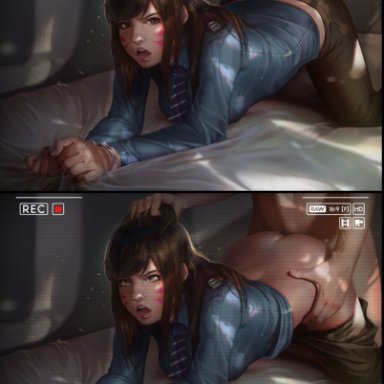 1girl, ahe gao, all fours, alternate costume, animal print, blue necktie, blue shirt, bound, bound wrists, breast pocket, breasts, brown eyes, brown hair, brown pants, clothed female nude male