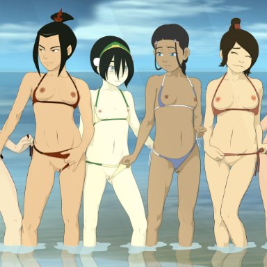 6girls, anaxus, avatar the last airbender, azula, beach, blind, bra, breast, holding, katara, mai, multiple girls, naked, nipples, ocean