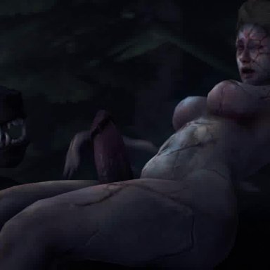 1boy, 1girl, 2017, 3d, absurdres, animal genitalia, animal penis, animated, big breasts, big penis, biohazard, breasts, brown eyes, brown hair, canine penis