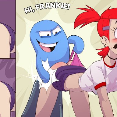 all fours, anus, bloo, blush, breasts, cleavage, erection, female, foster's home for imaginary friends, frankie foster, from behind, kotaotake, male, panties, panties aside