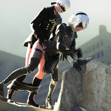 1boy, 1girl, 3d, animated, blender, cakeofcakes, female, from behind, male, nier, nier: automata, no sound, sex, straight, thighhighs