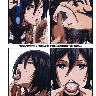 attack on titan, black hair, condom, cum, cum in mouth, expressionless, fellatio, highres, mikasa ackerman, open mouth, oral, penis, penis rub, scarf, short hair