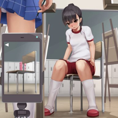 1:1 aspect ratio, 2girls, anal insertion, anal object insertion, animated, black hair, blush, breasts, breath, brown eyes, camera, chair, classroom, dildo, dildo sitting